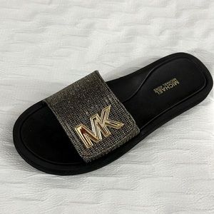 Michael Kors MK Slides Metallic Logo Velcro Adjustable Slip On Sandals Glitter